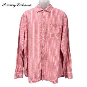 Tommy Bahama Mens XL 100% Linen Pink & White Striped Long Sleeve Button Up Shirt
